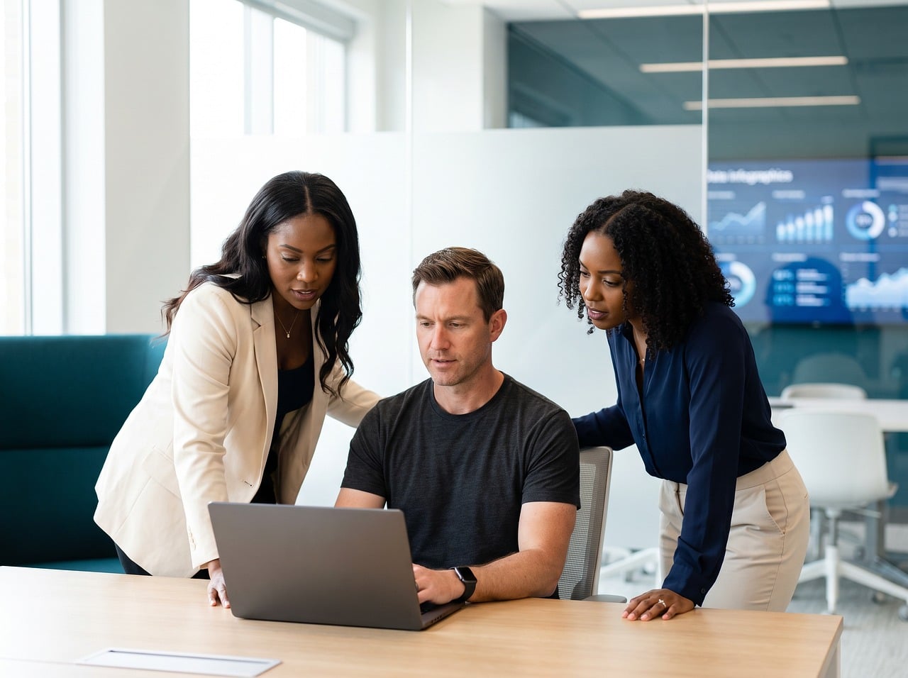 collaboration, teamwork, professionals, diversity, office, workplace, laptop, technology, company, meeting, data, analysis, discussion, business, modern, focused, strategy, project, communication, colleagues